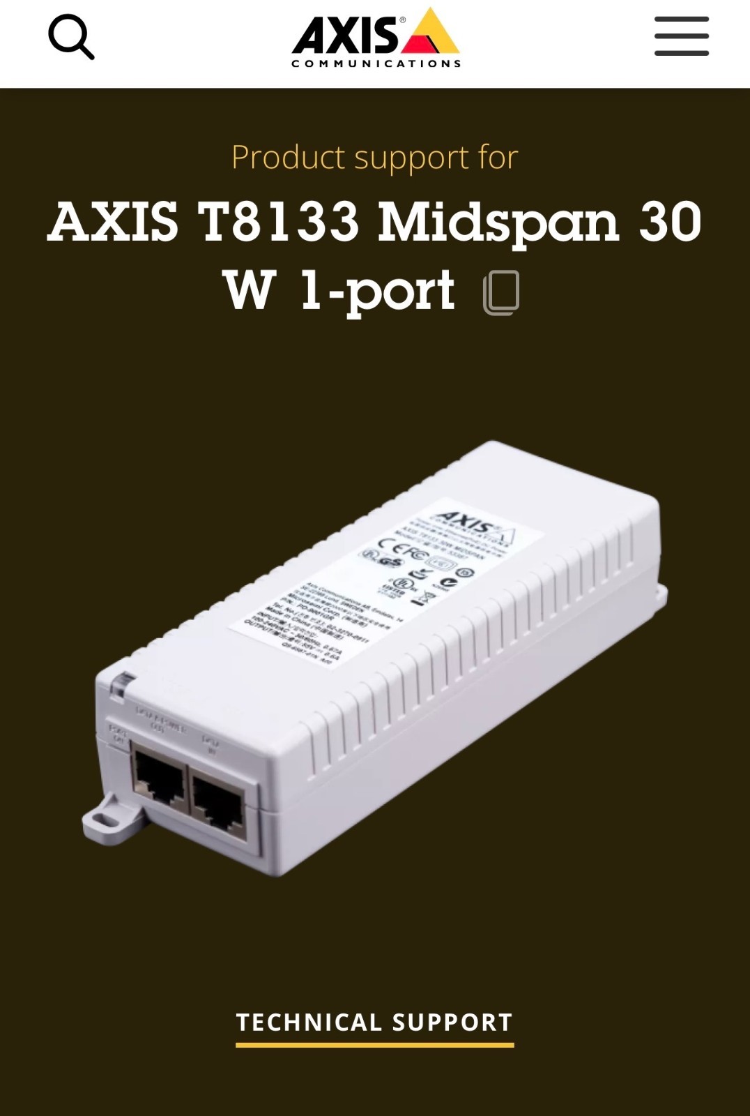 Axis T8133 30W Midspan Power Over Ethernet Injector