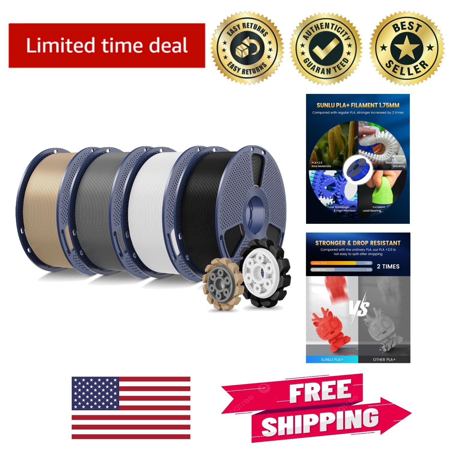 4-Pack 1.75mm PLA+ 2.0 Multicolor 3D Printer Filament - Strong & Versatile