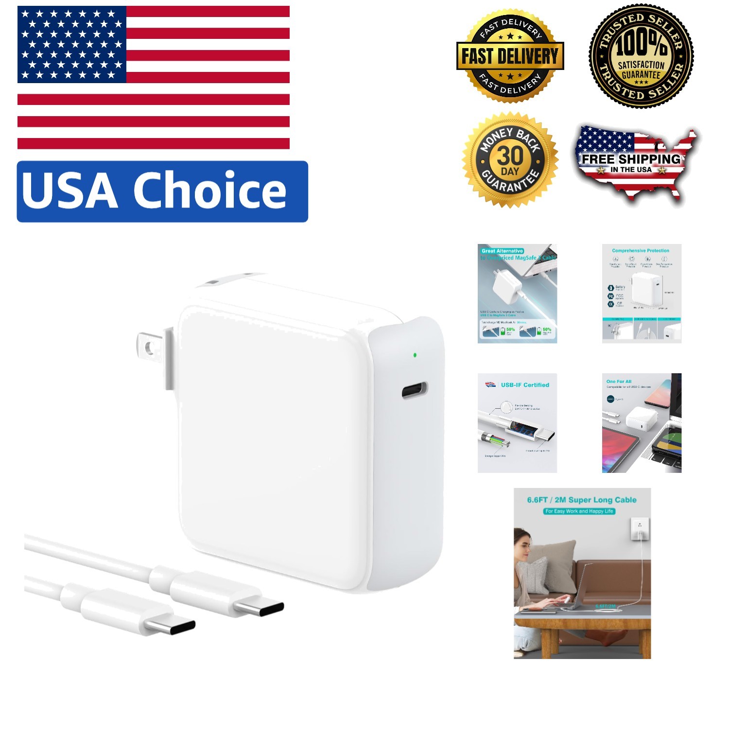 Universal 70W USB-C Charger for MacBook and iPad with 6.6FT Cable, Safe & Fast