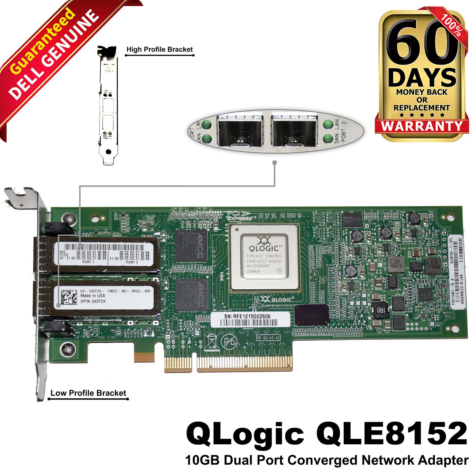 Dell QLogic QLE8152-T-Del Dual 10GbE 2-Port Converged Network Adapter Card 42F2X