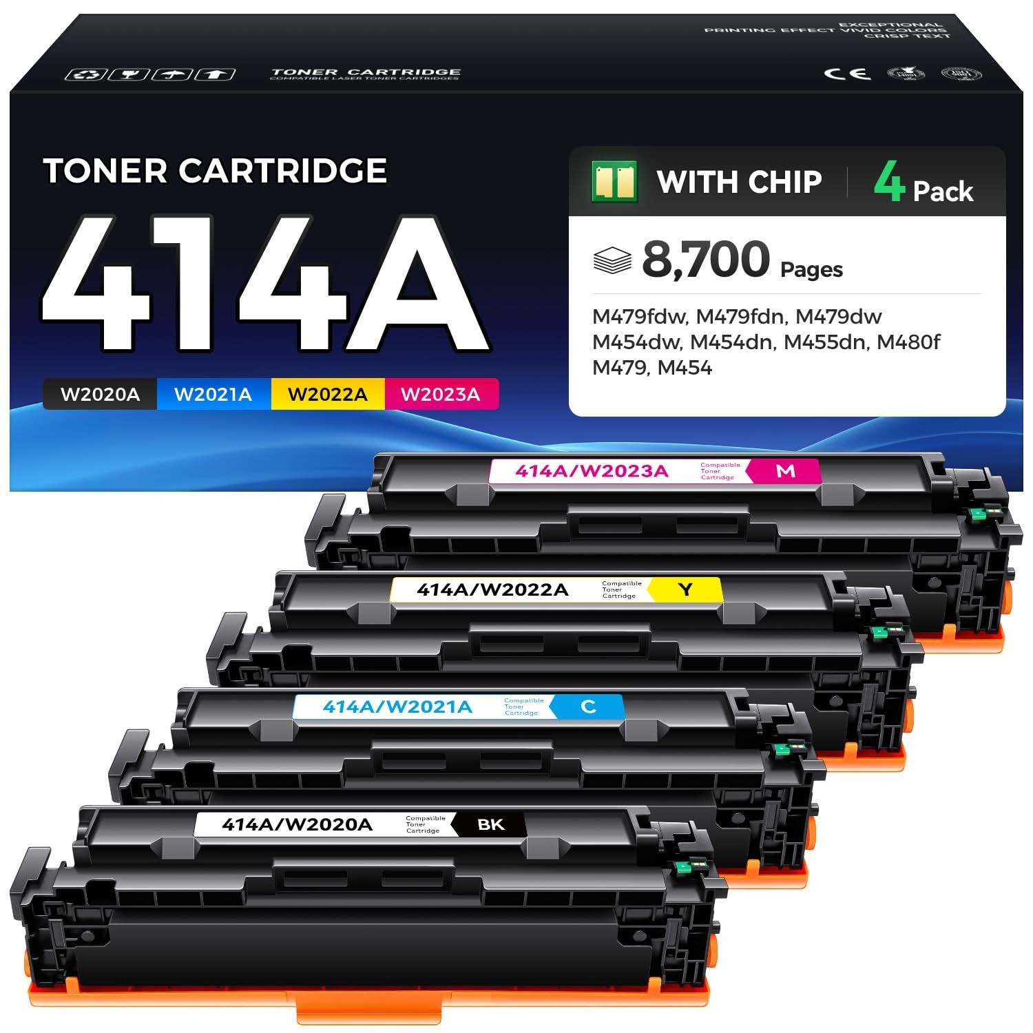Toner Cartridge Set 414A with Chip for HP M455dn M480f - High Yield, Compatible