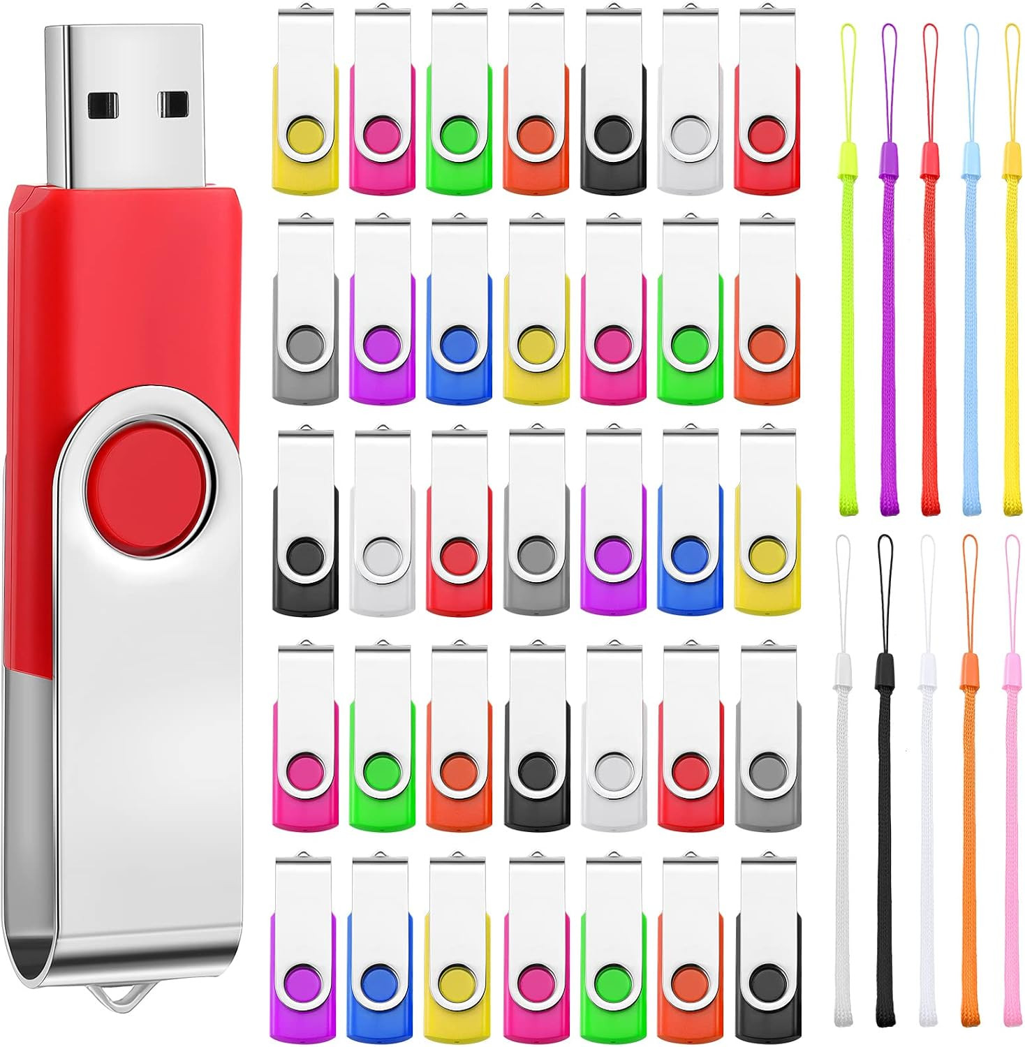 50 Pcs USB Flash Drive 2.0 Bulk with Lanyard, Colors, 128Mb