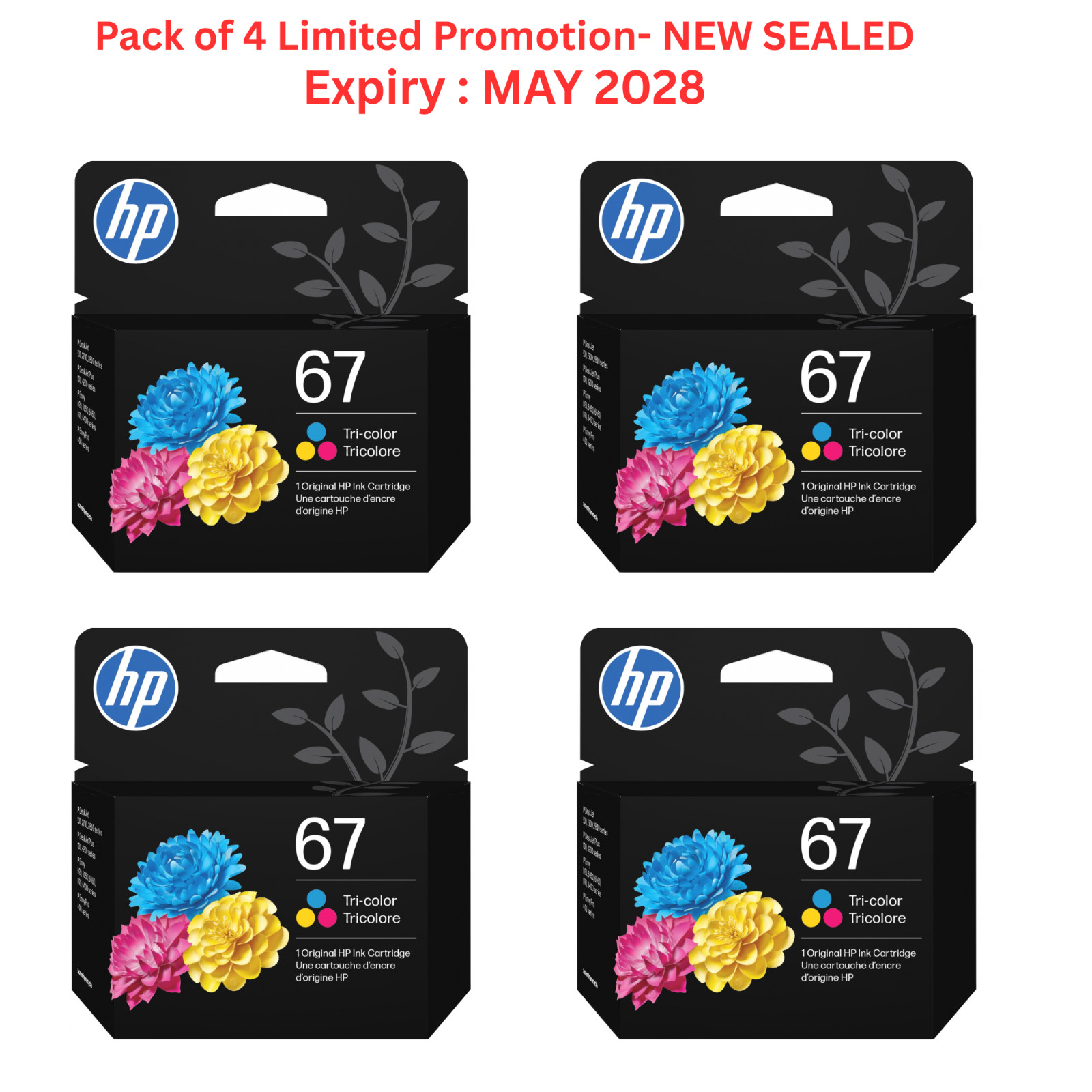 LOT OF 4 HP 67 Standard Tri-Color Ink Cartridge 3YM55AN (Expiry May 2028)-NEW