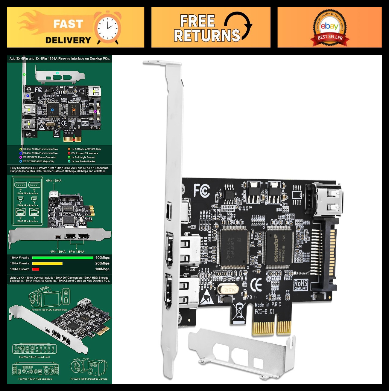 4-Port PCIe Firewire 400 Expansion Card, 1394A, Plug & Play for Windows/MAC, 400