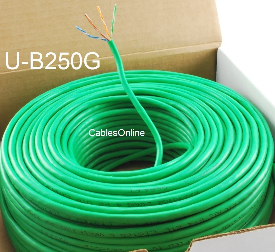 250ft Cat5e 350MHz UTP 24AWG solid pure copper, Riser Rated CMR Cable, Green