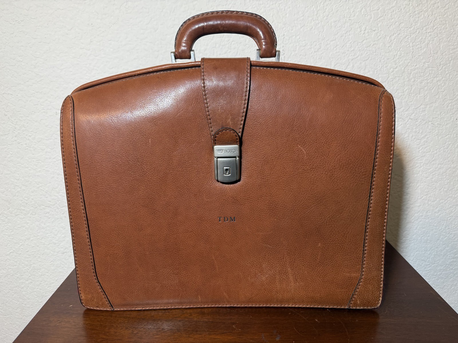 Vintage Bosca Cognac Old Leather 17"  Briefcase With Key Bag Italian  VGUC