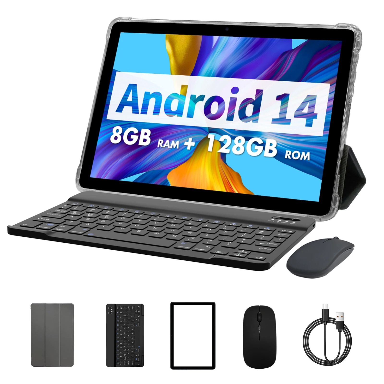 Android 14 Tablet 10 Inch, 8GB(4+4 Expand) RAM + 128GB ROM with Keyboard & Mouse