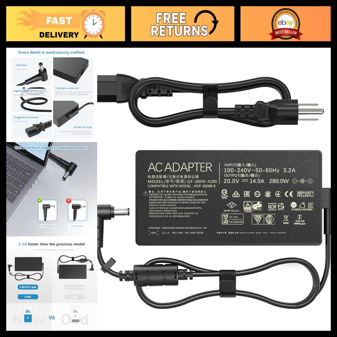 280W AC Charger Adapter for Asus ROG Flow X16, G15, G16, G17, G18, Scar 15/17, T