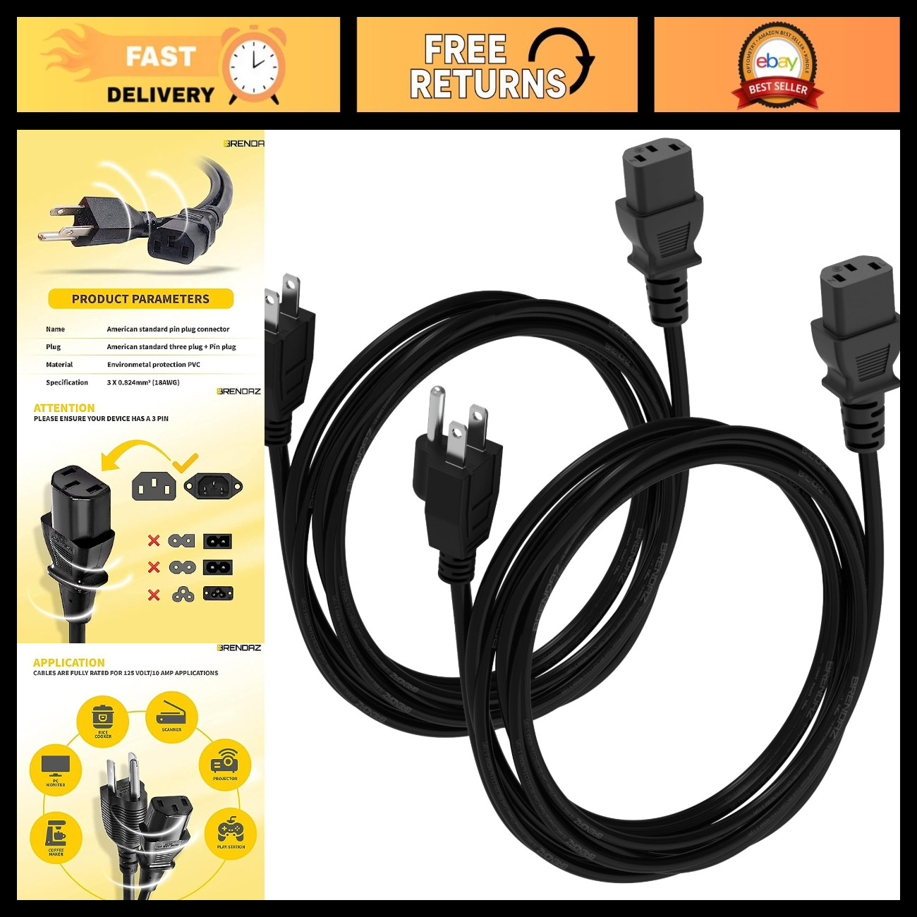 15ft Universal PC Power Cord 2-Pack - 3 Prong AC Cable for Computer, Monitor, Pr