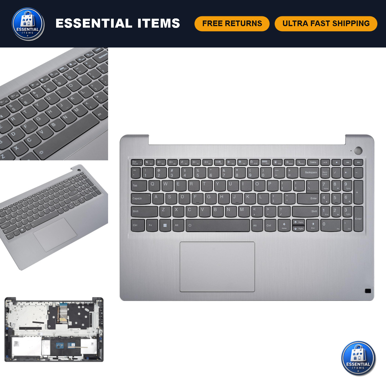 Replacement Upper Case Palmrest for 15" Laptop, Backlit Keyboard & Touchpad, Gra