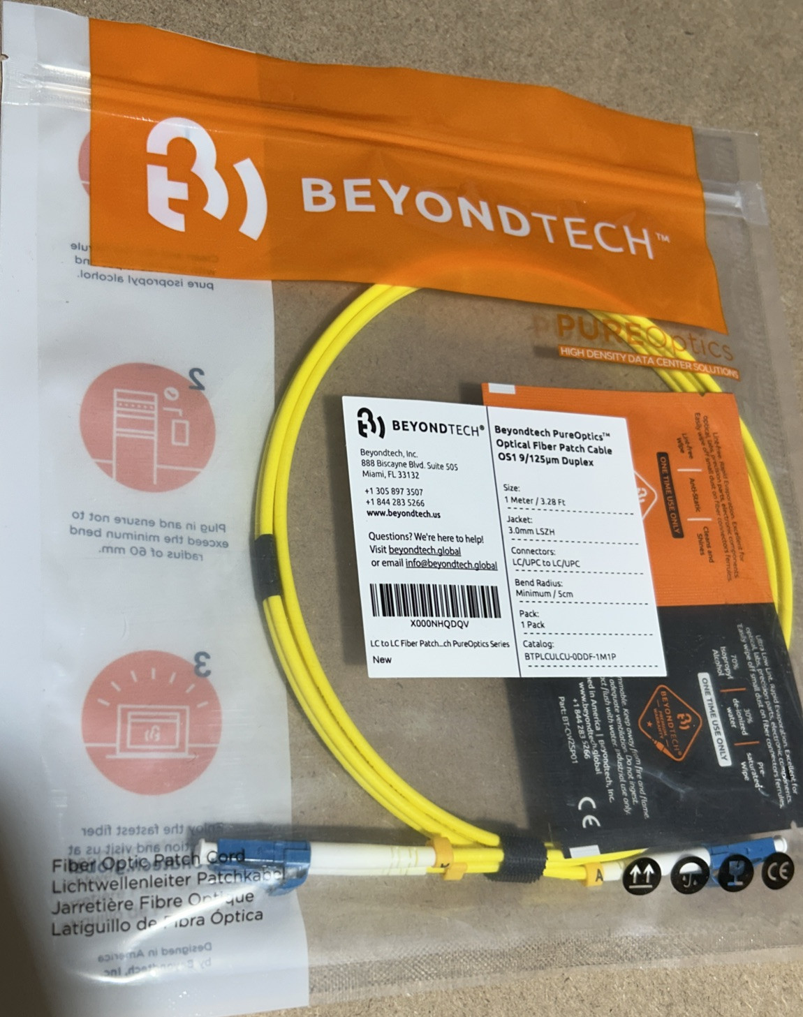BeyondTech 1 Meter 3.0mm LC/UPC to LC/UPC PureOptics Optical Fiber Patch Cable