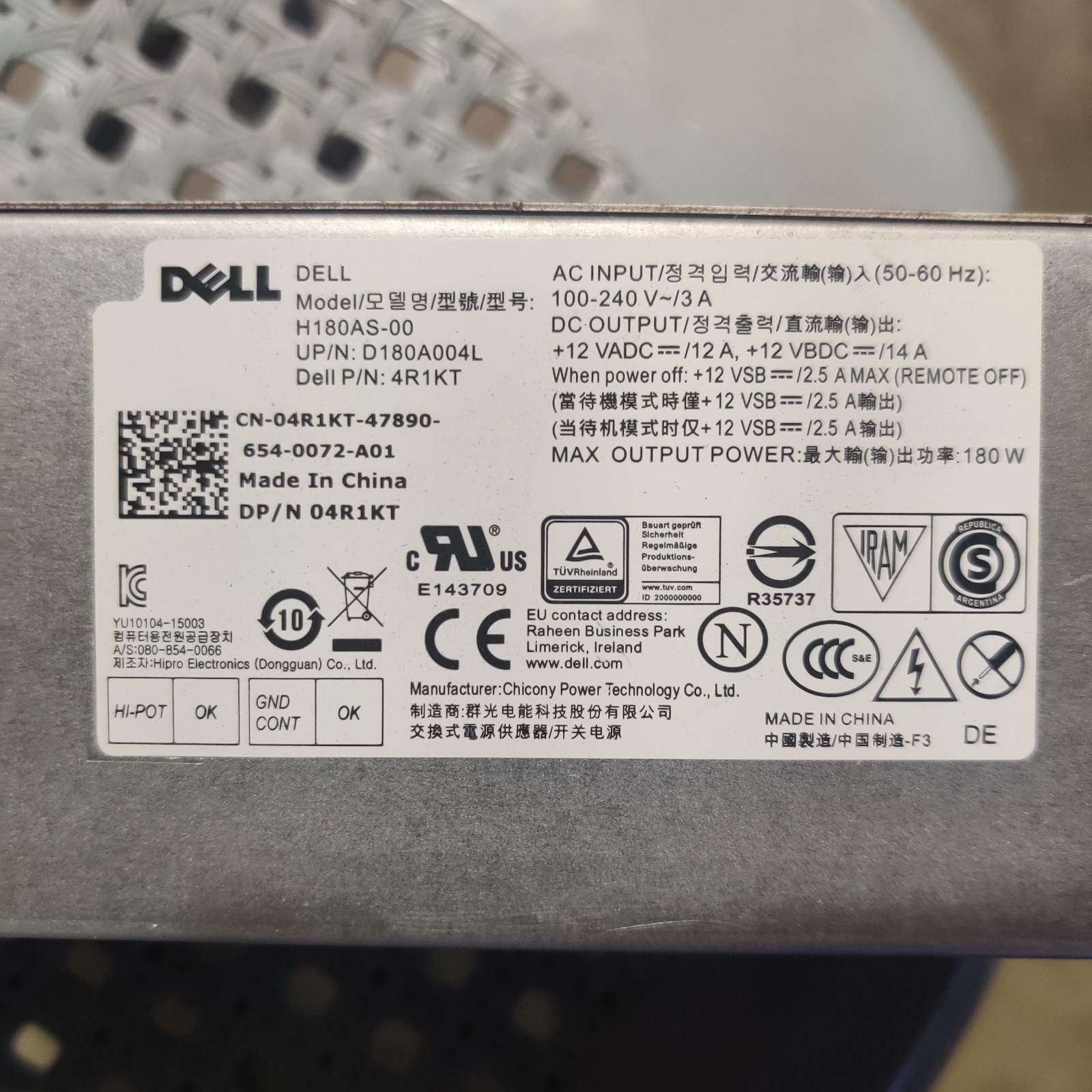 Dell PowerEdge 180W Hot Plug Server Power Supply H180AS-00 4R1KT