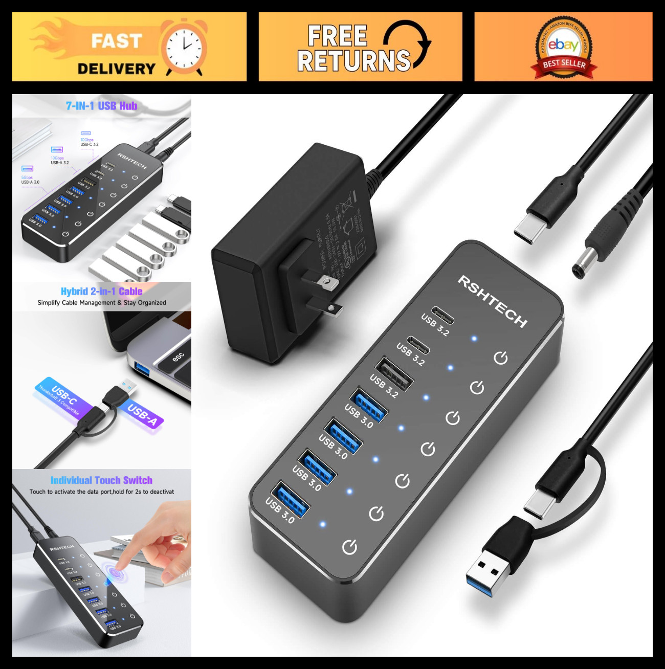 7-Port Powered USB Hub 3.2 with 10Gbps Speed, Touch Switches, 5V Adapter, Laptop