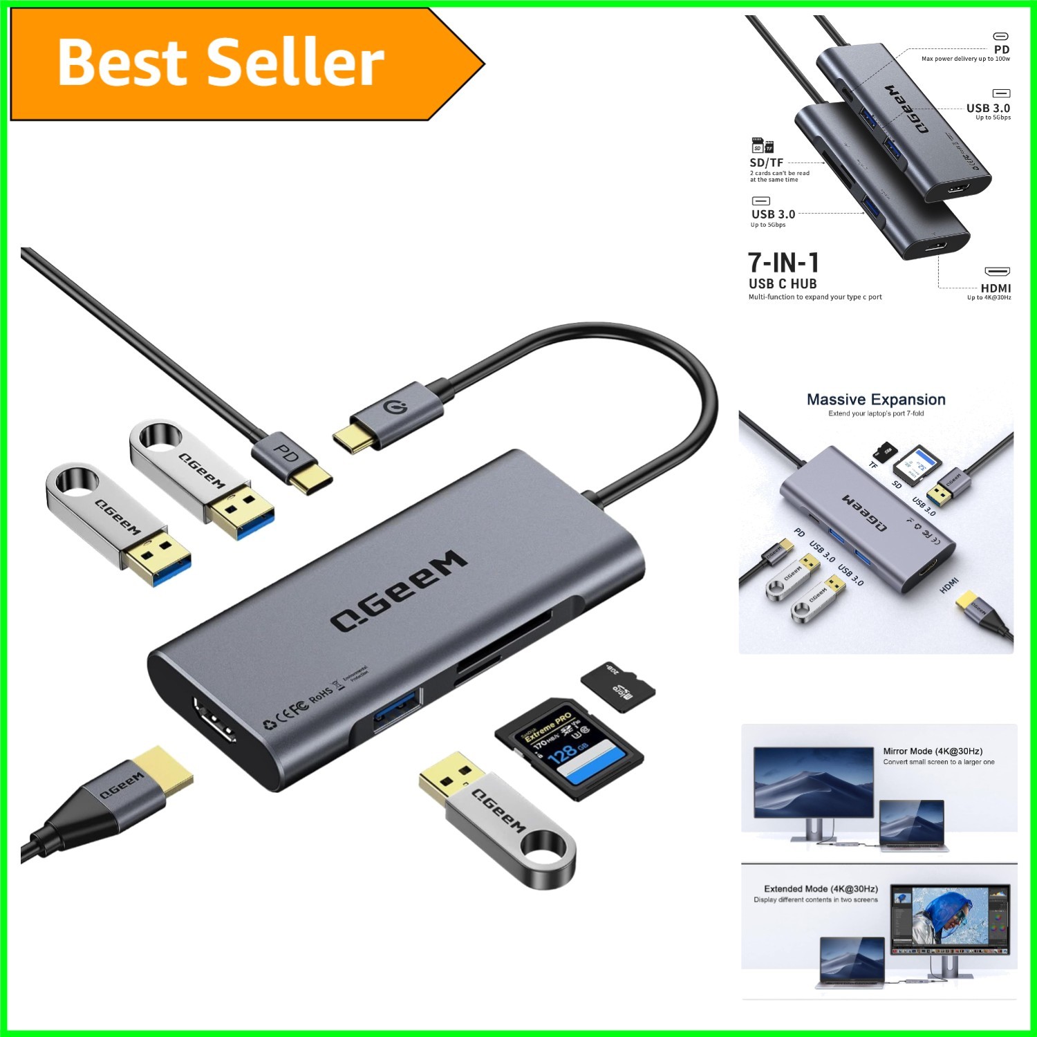 Streamline Your Connectivity: 7-in-1 USB C Hub with Fast Charging & 4K HDMI