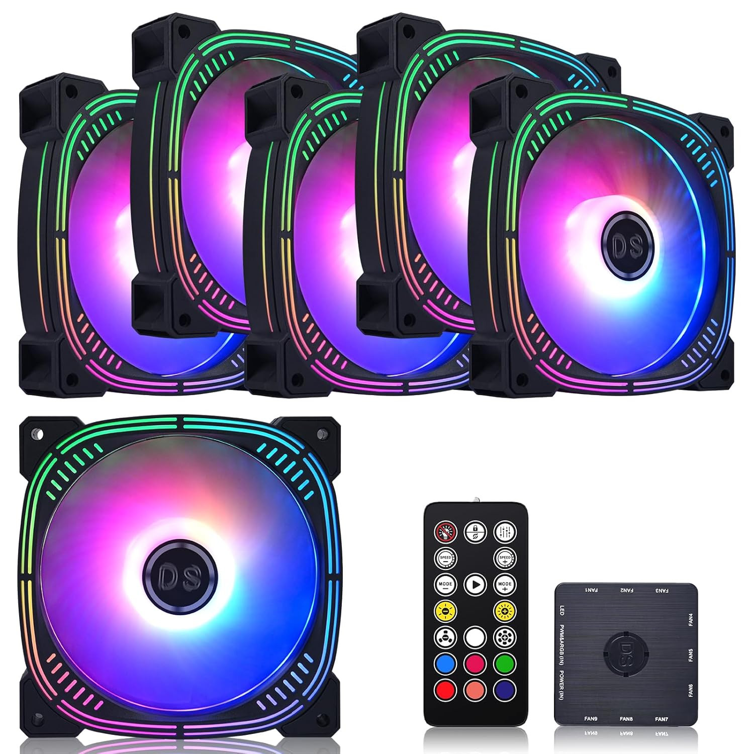 Rainbow LED RGB Fans with Controller for PC Case, CPU Cooler, Radiators System (