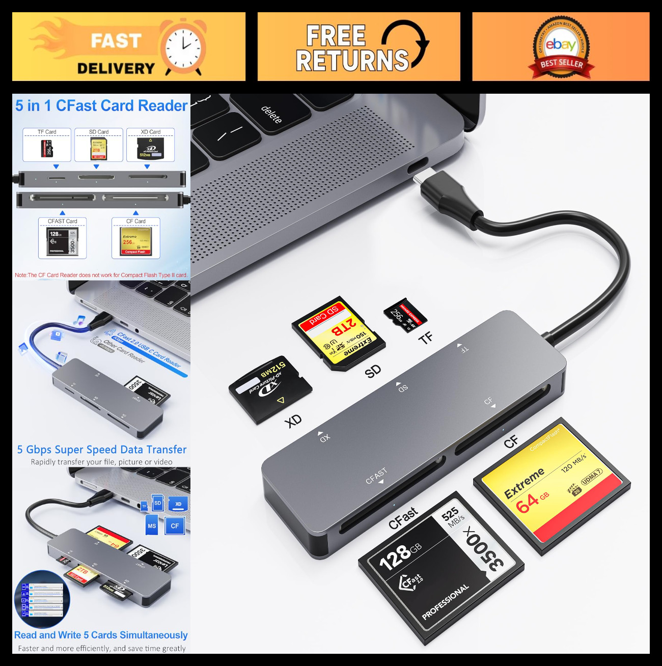 5-in-1 CFast Card Reader, USB-C 2.0 Adapter, 5Gbps, Reads CFast/SD/TF/XD Cards