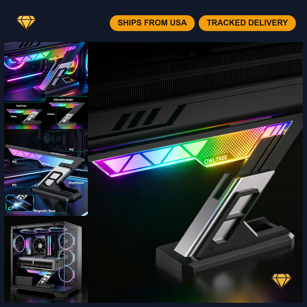 ARGB GPU Support Bracket - Anti Sag GPU Holder for Stability & Performance
