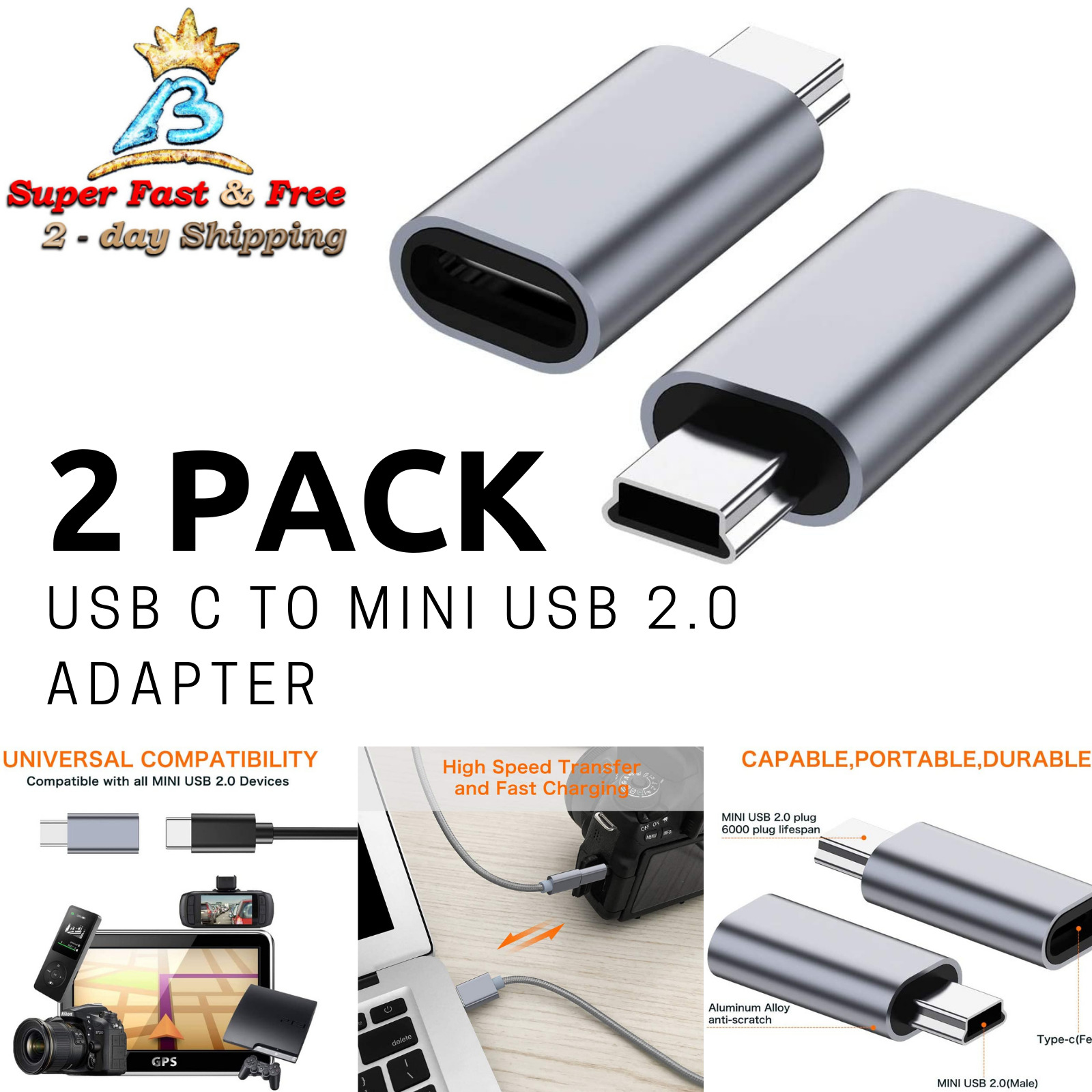 USB C to Mini USB 2.0 Adapter Type C Female to Mini USB 2.0 Male Convert 2 PACK