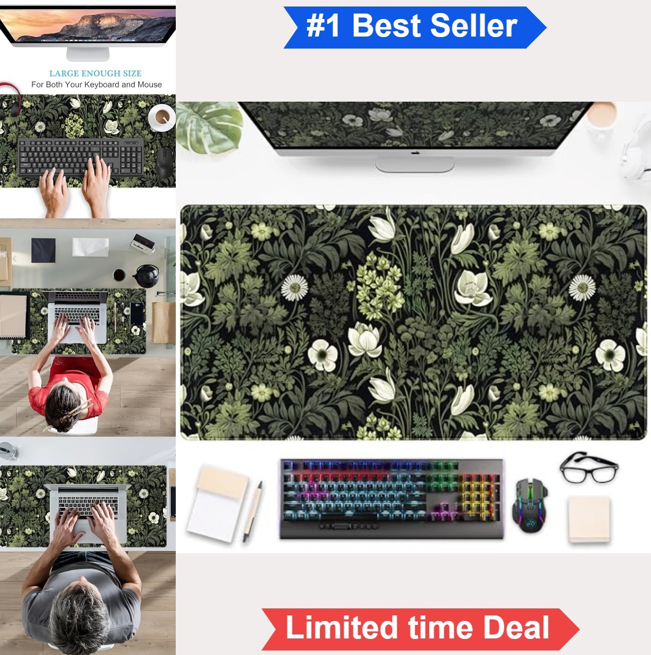 Dark Green Floral Plants XXL Gaming Mouse Pad Desk Pad 31.5x15.75 Inch Rubber