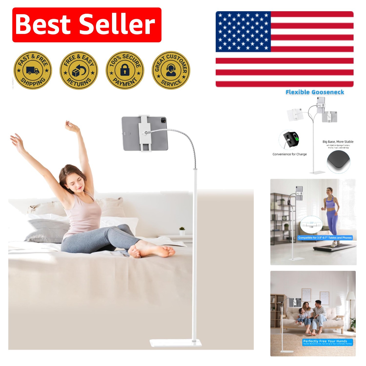 Sturdy Gooseneck Tablet Stand with 360° Rotation & Adjustable Heights, White