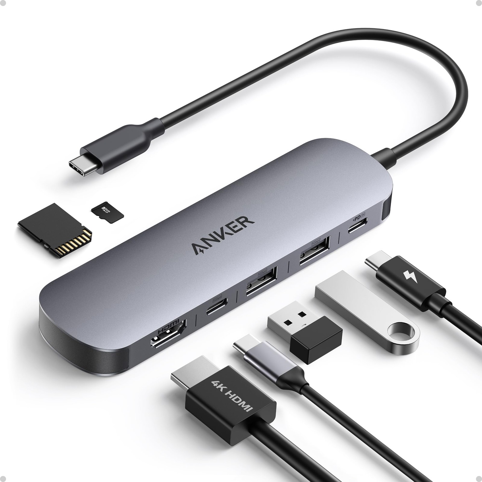 7in1 USB C Hub HDMI 4K 60Hz 85W PD 2 USB 3 0 SD TF Card Reader sleek