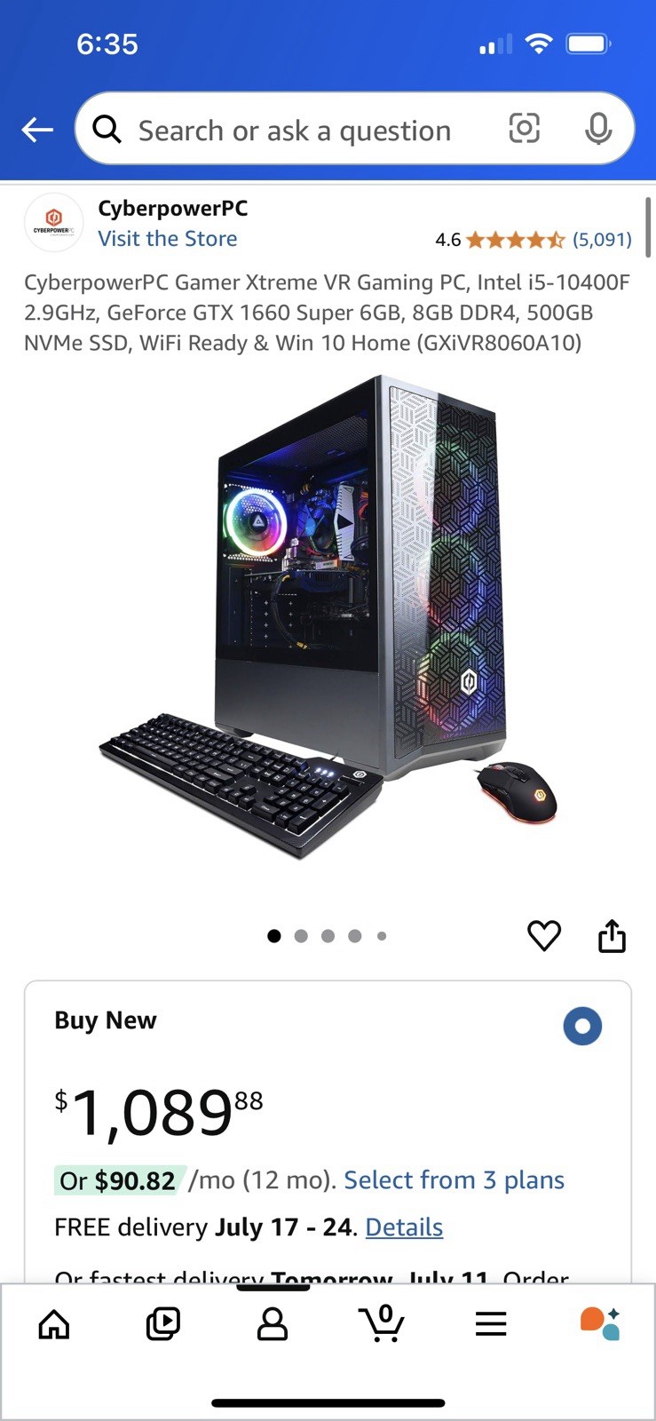 Desktop Cyberpower Gaming Computer Intel Core, Gtx 1660 Ti