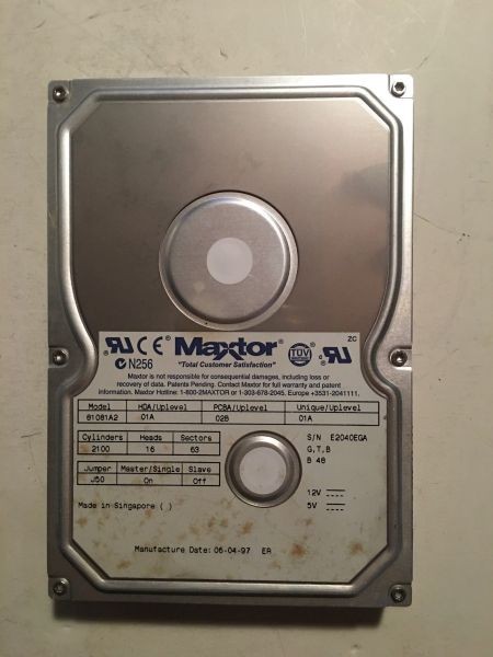 Maxtor ide 1.08gb  3.5 inch hda01a, pcba02b, unique 01a, g,t,b,b 48, date 06-04