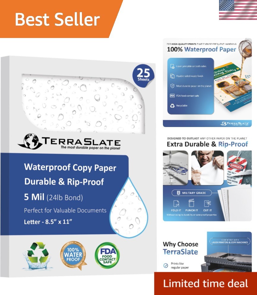 Durable Waterproof Paper for Laser Printers, 25 Sheets, Rip-Proof & Bright White