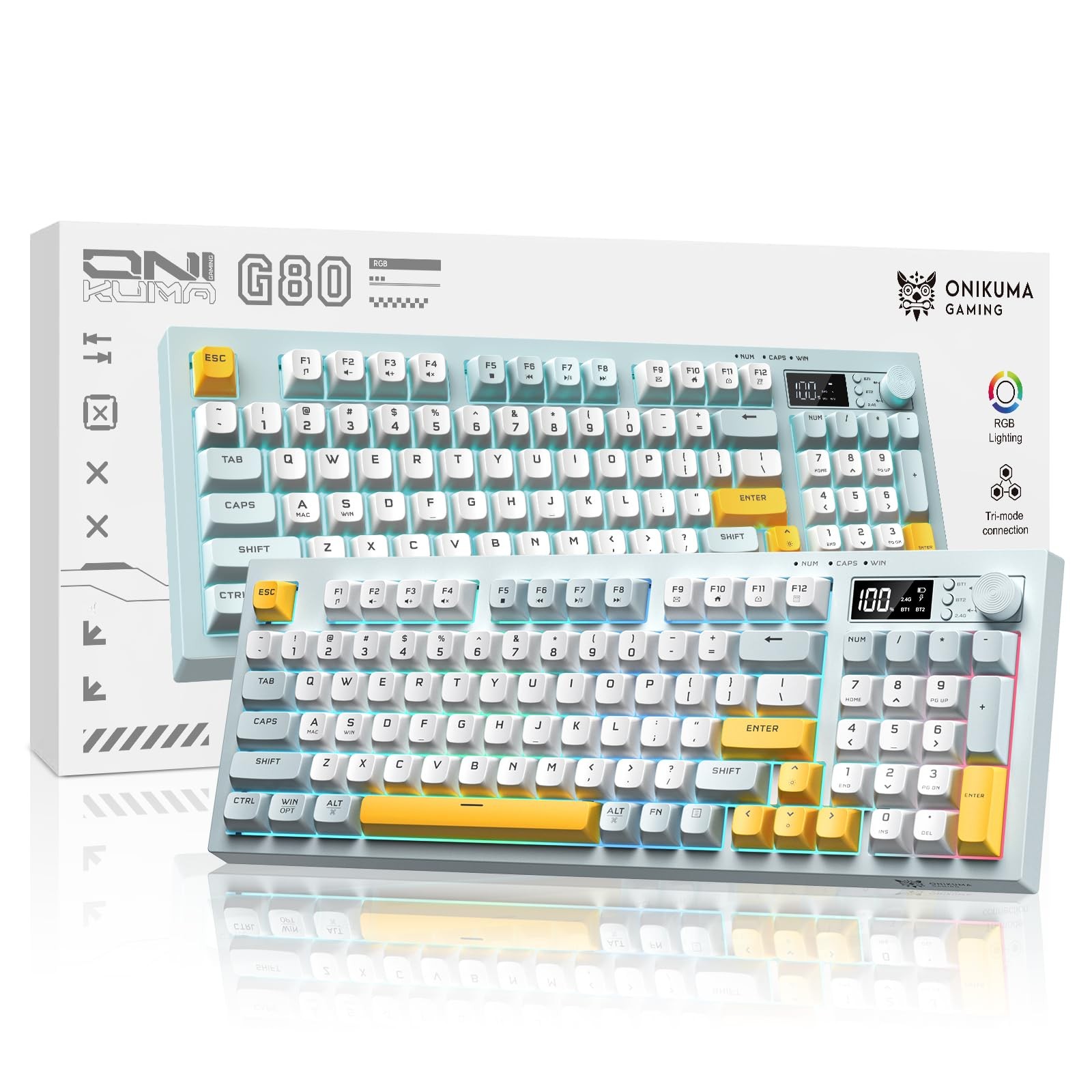Tri-Mode Wireless Keyboard, BT/2.4G/Wired, Silent Membrane, RGB Green white