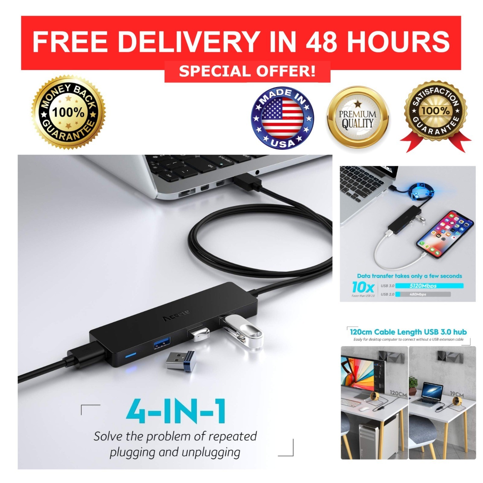 USB Hub 3.0 4-Port Splitter with 4ft Extension Cable for Laptop, Desktop, Mac,