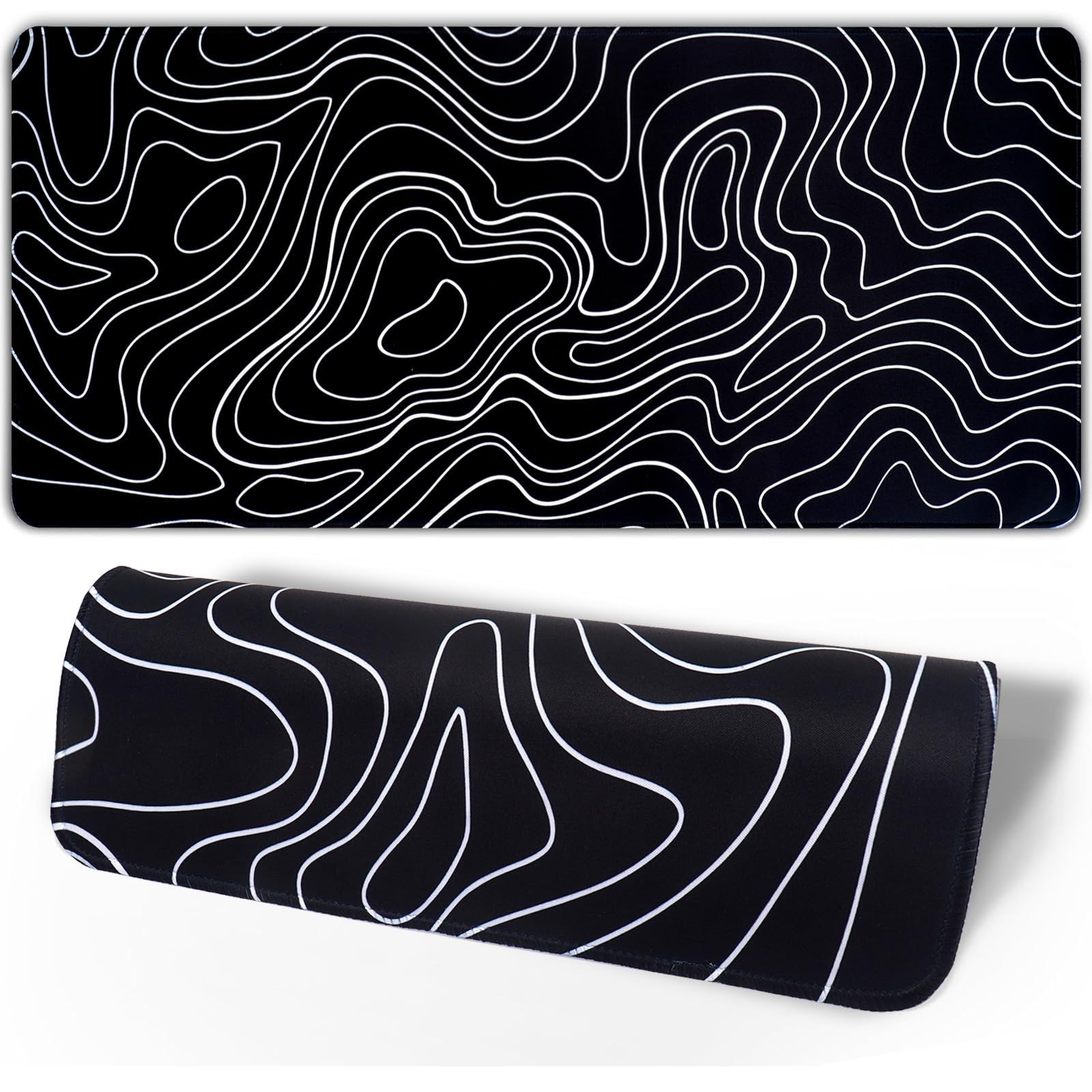 Black White Topographic Line Mouse Pad Gaming Mousepad Non-Slip Rubber Base K...
