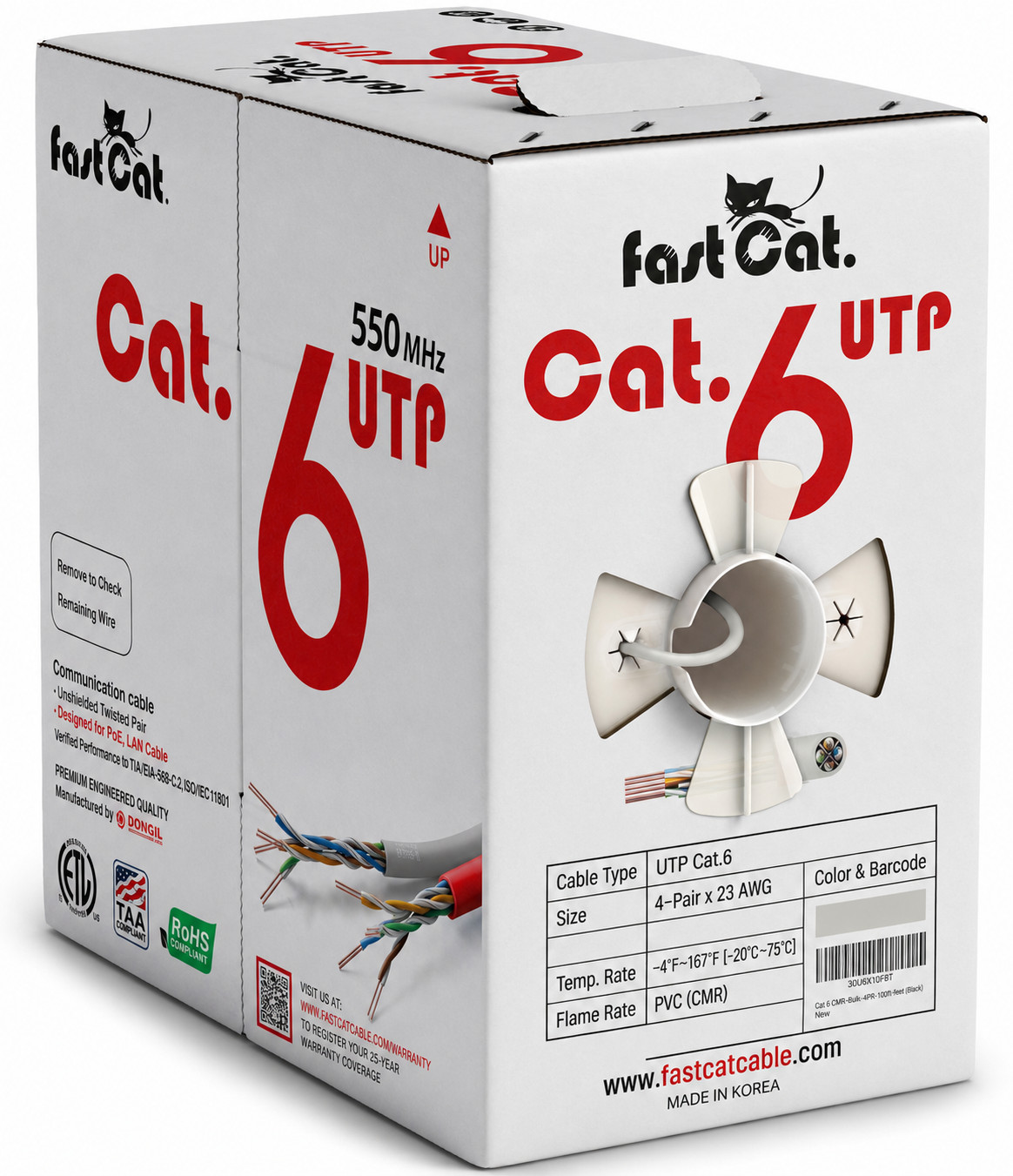 Cat6 Ethernet Cable - 23 AWG, CMR, Solid Bare Copper - 20ft - White