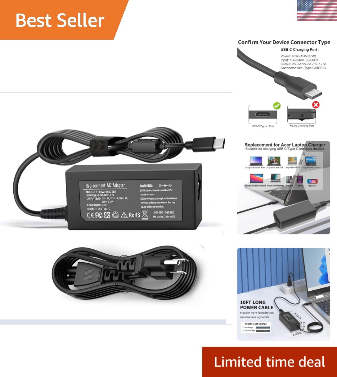 Compact 45W USB-C Charger for Acer Chromebooks - Travel Ready & Lightweight