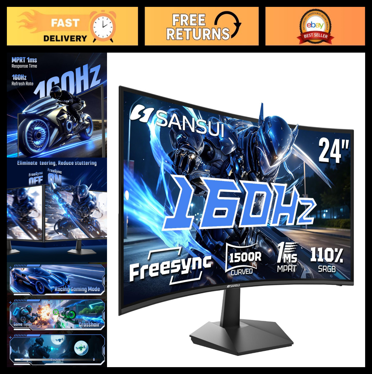 24" Curved 160Hz Gaming Monitor, 1500R Ultra-Fast Display, Immersive Gaming Expe