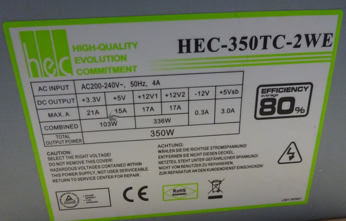 HEC HEC-350TC-2WE 20+4 Pin EFFICIENCY 80% Power Supply 350W #NT4953