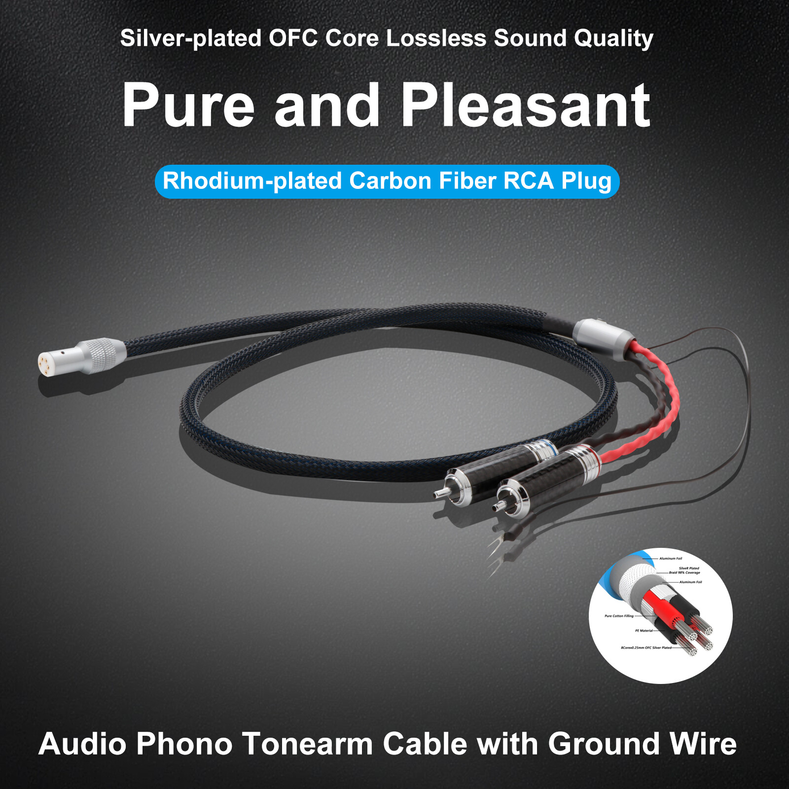 5N OFC Silver Plated Tonearm Cable 5 Pin DIN to RCA Phono Cable with Ground Wire