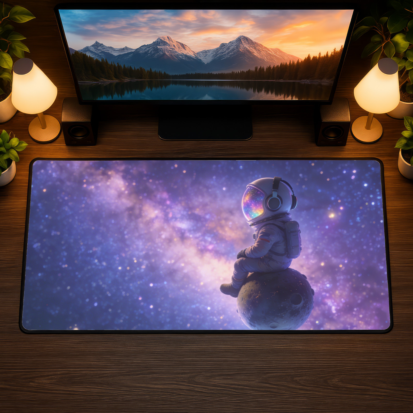 Cosmic Astronaut Galaxy Desk Mat 16x32 Lofi Space Mouse Pad XL