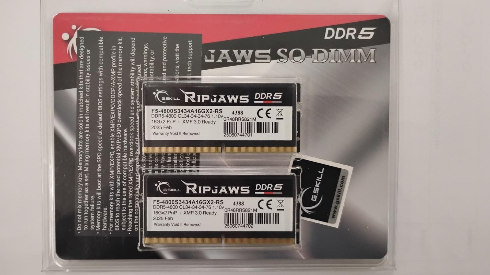 G.SKILL Ripjaws 32GB (16GBx2) DDR5 4800 CL-34 SO-DIMM New Unopened