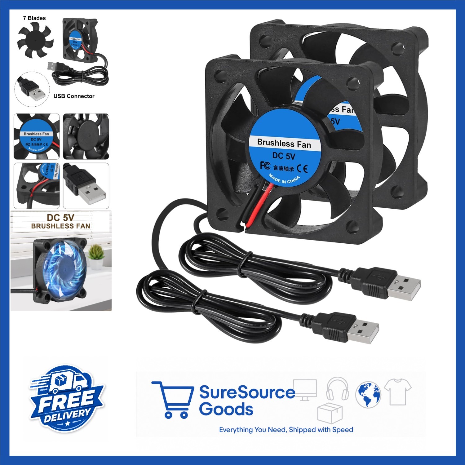 2Pcs 50mm USB Brushless Cooling Fan 5V 4200 RPM for DIY Ventilation