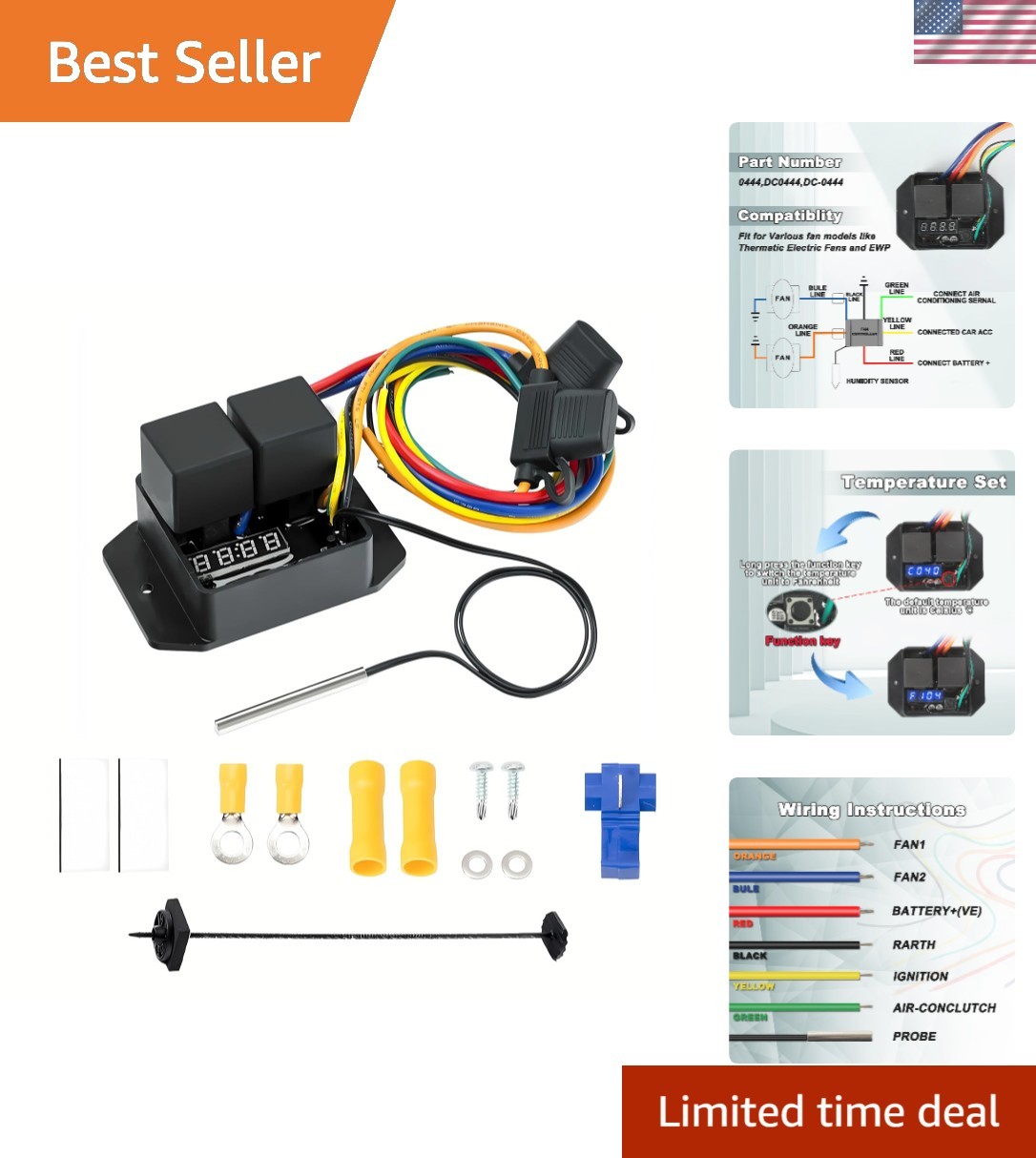 Digital Thermatic Fan Switch Kit and 24V, Adjustable Temperature Range Digita...