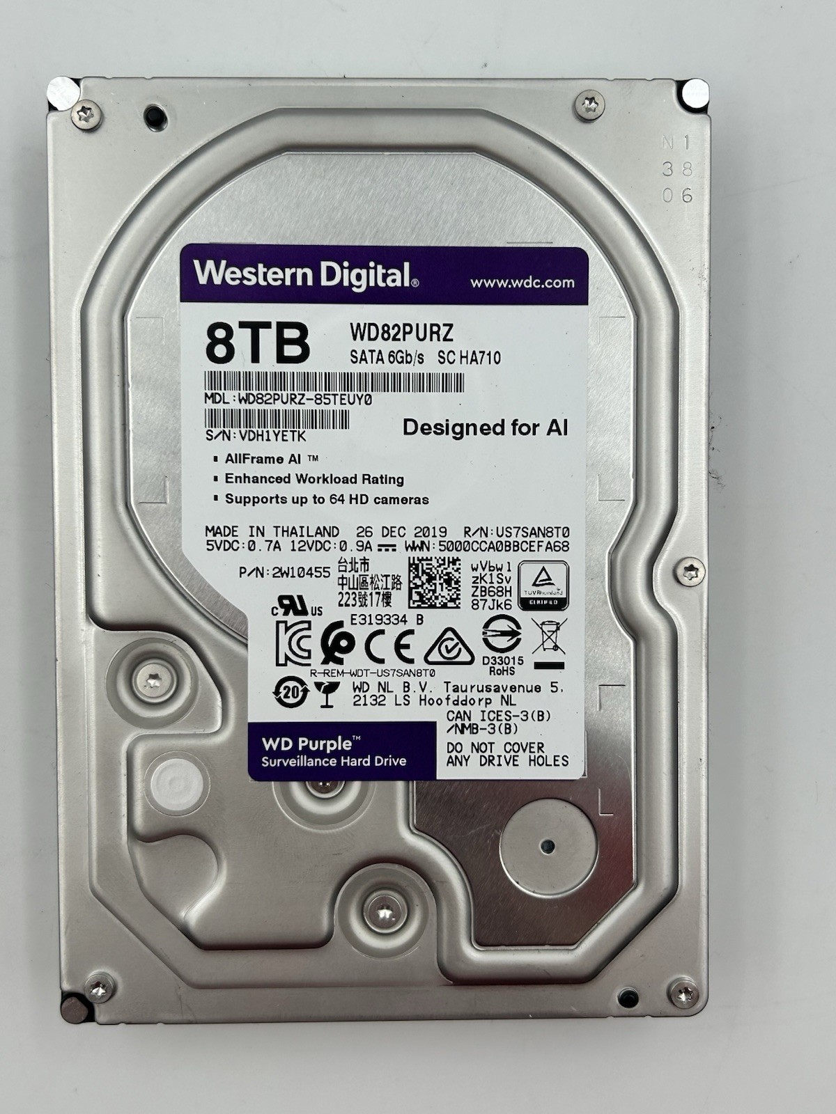 Western Digital Purple 8TB Internal Desktop Surveillance Hard Drive (WD82PURZ)