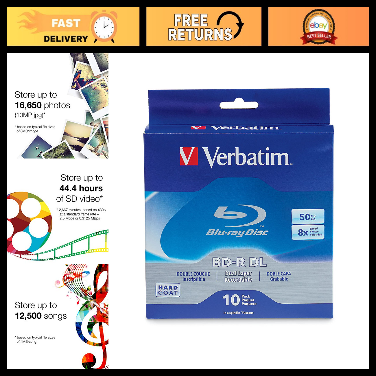 25GB BD-R Blank Discs 16X White Inkjet Printable - 50 Pack - High-Quality Media