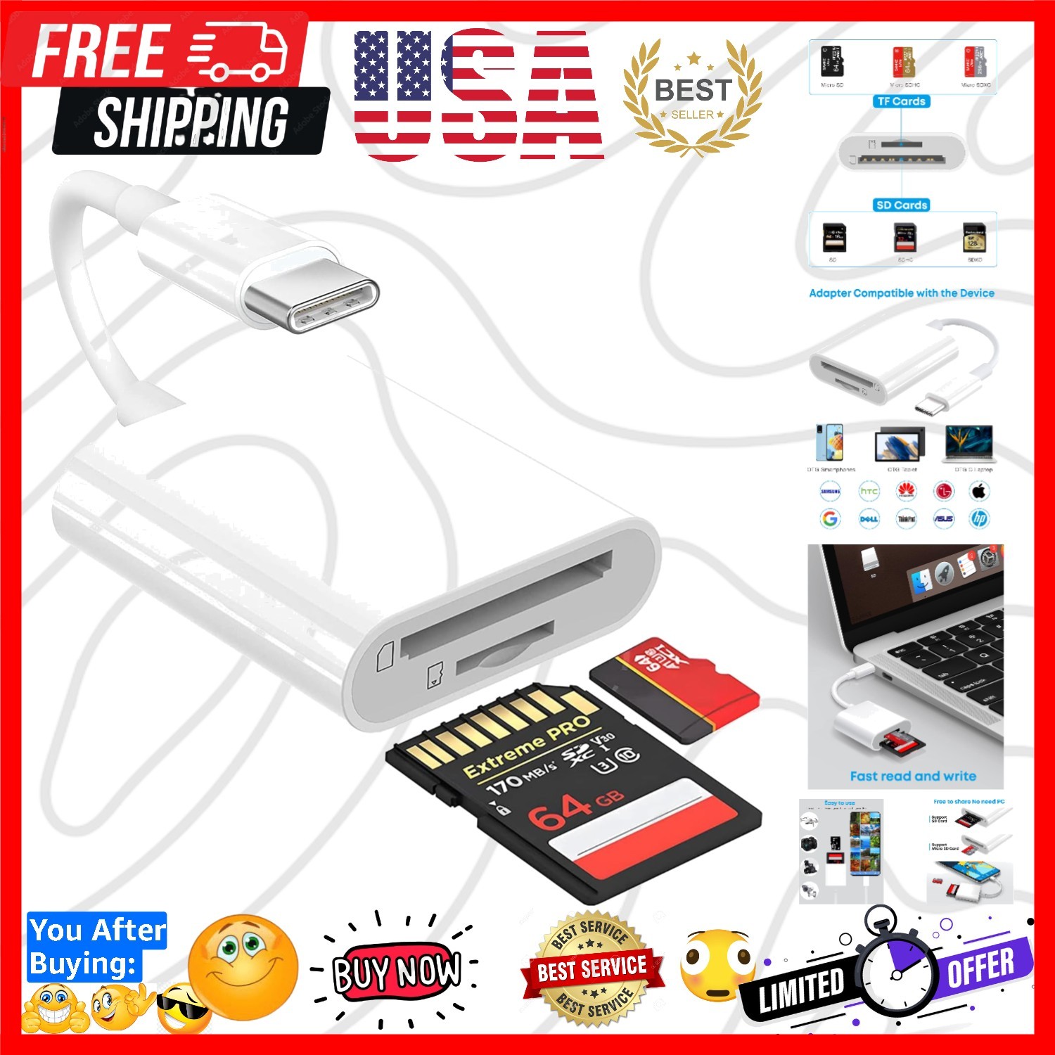 USB C SD/TF Card Reader, Type-C to SD/Micro SD 2 in1 High-Speed Adapter