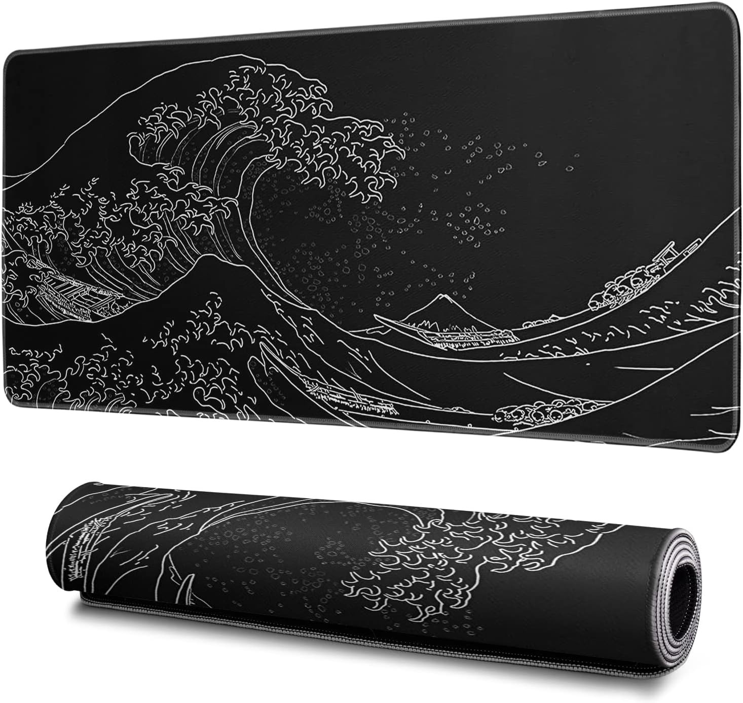 Japanese Gaming Mouse Pad Abstract Black Mouse Pad 31.5x11.8 Inch Black Sea Wave