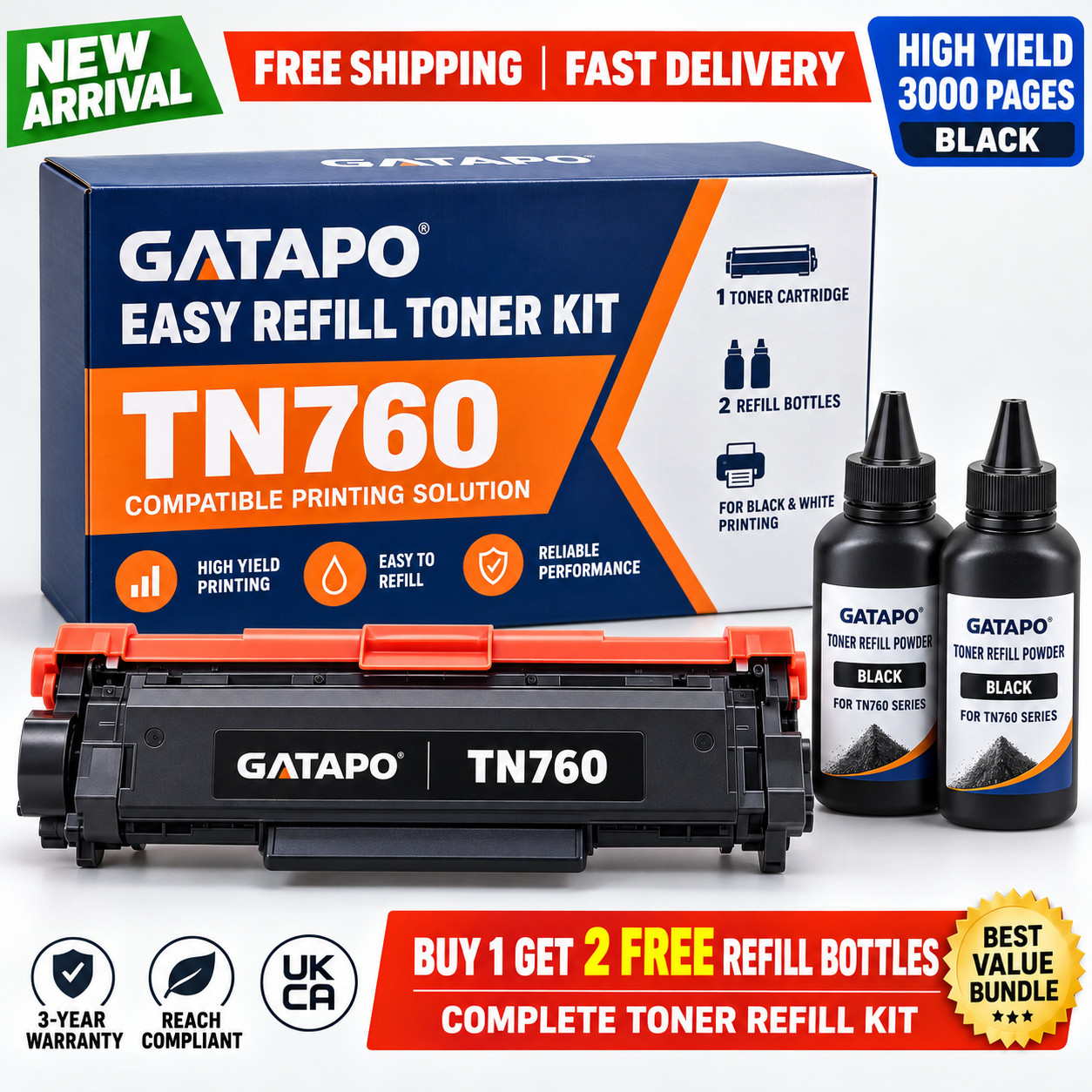 TN760‑1PK Refillable Toner,1 Cartridge & 2 Toner Bottles Brother TN760 Printer