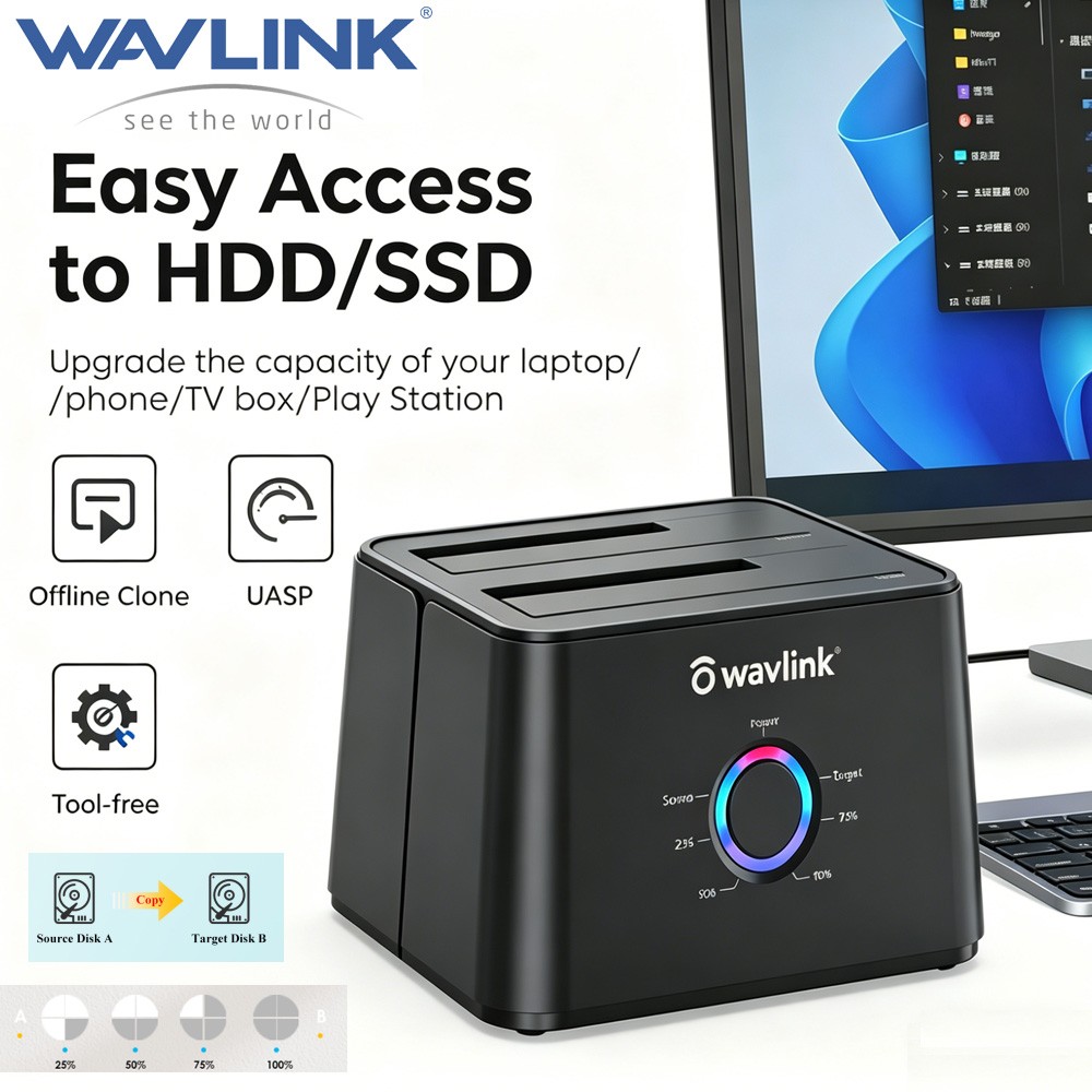 Wavlink External Hard Drive Dock 2.5"/3.5" HDD SSD Enclosure SATA III II I 2 BAY