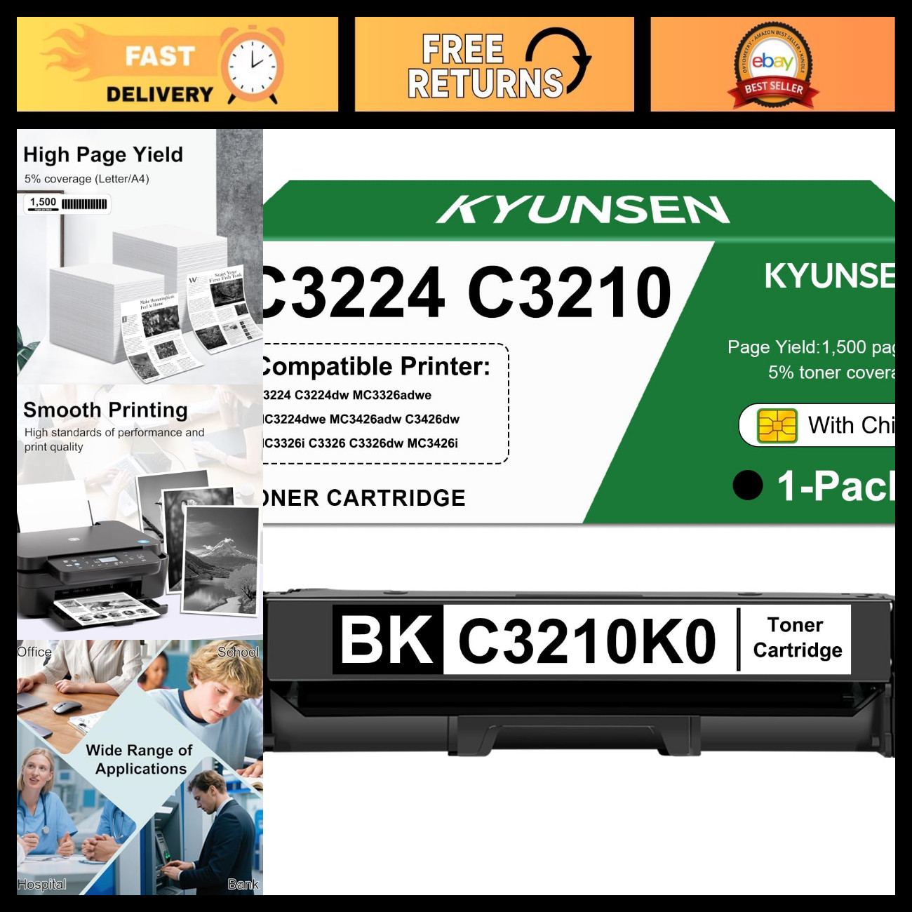 High-Yield Black Toner Cartridge for C3210K0 MC3426 MC3224 - Compatible, Quality