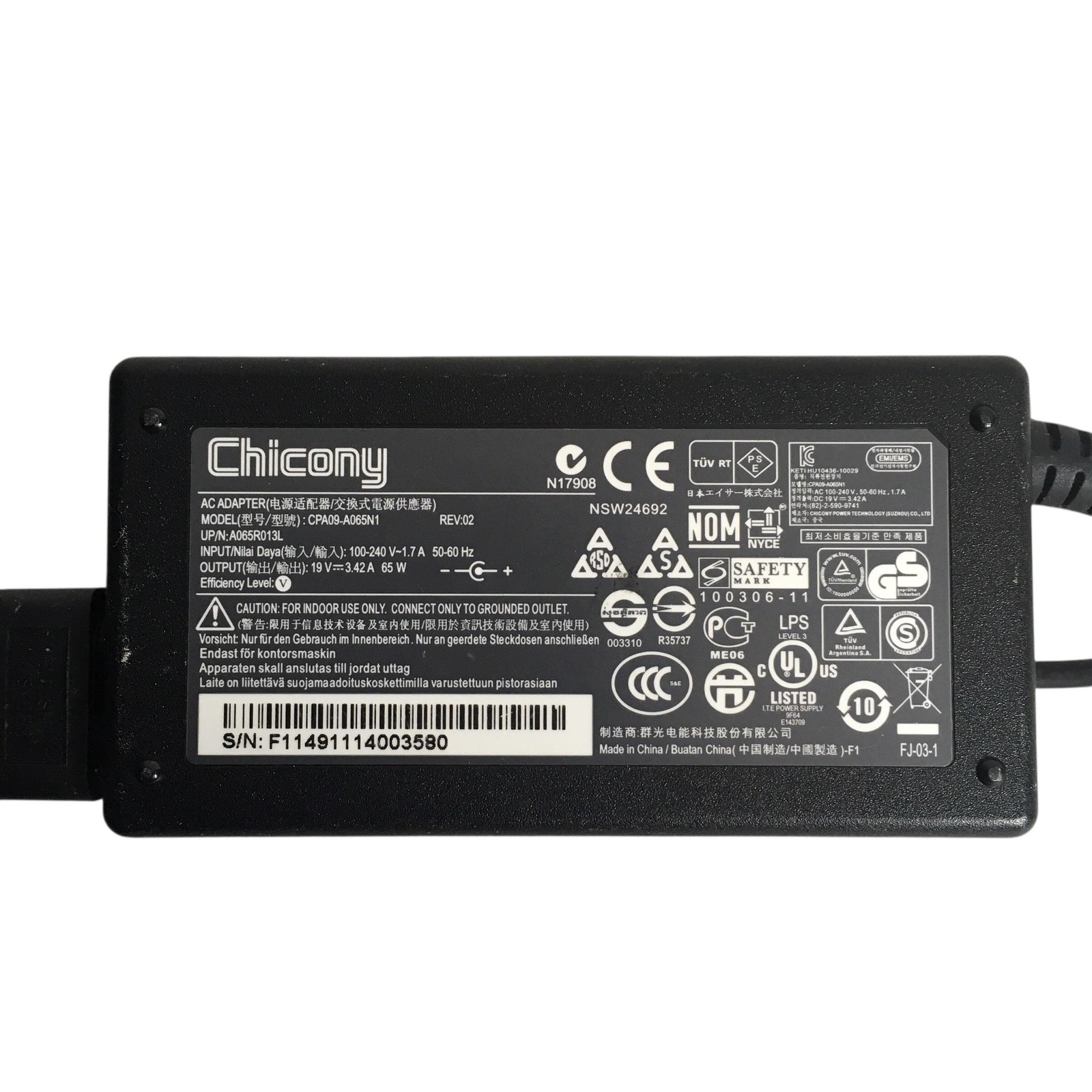 Chicony 65W 19V 3.42A Laptop AC Adapter Power Supply CPA09-A065N1 Black Charger