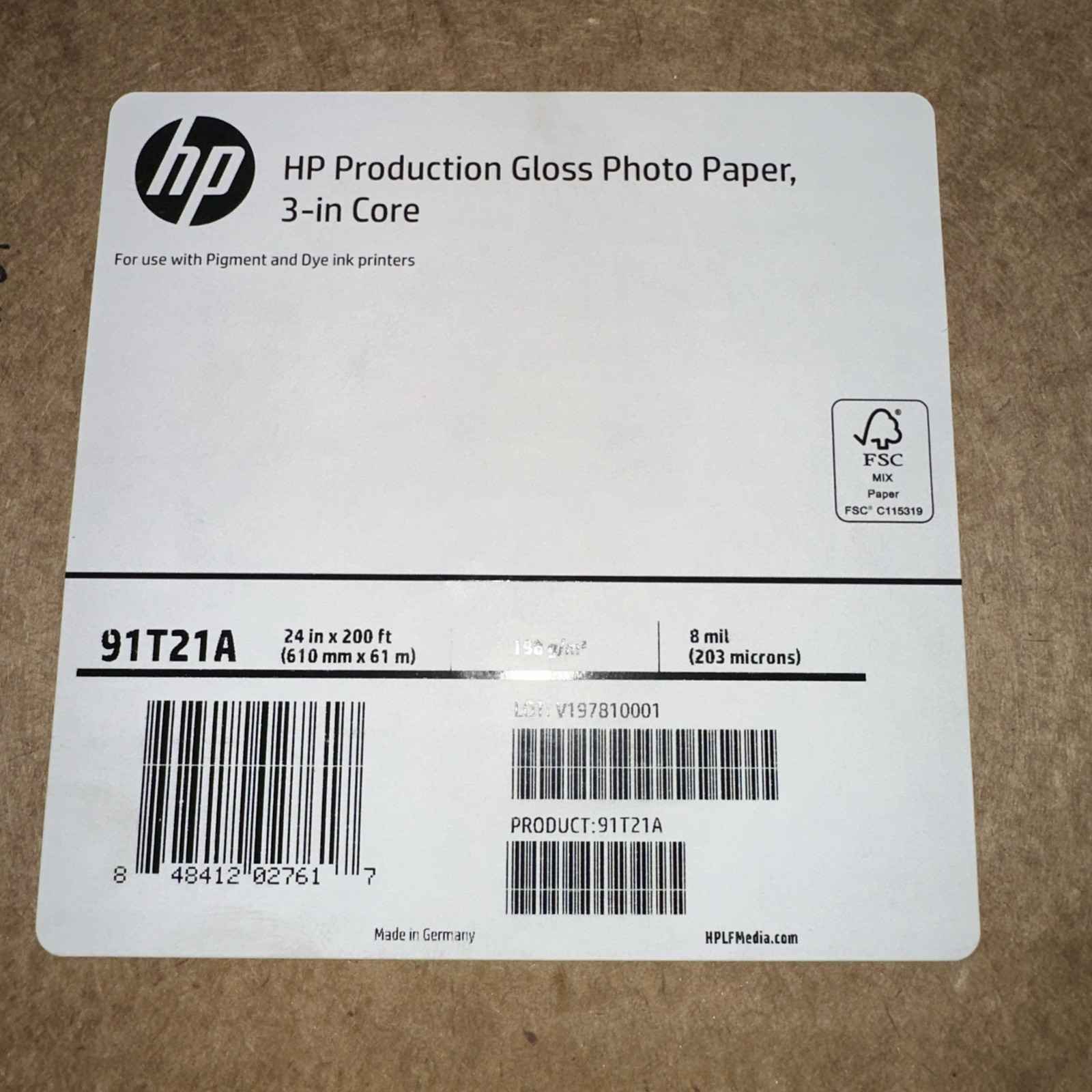 91T21A OEM HP Production Gloss Photo Paper, 3-in Core