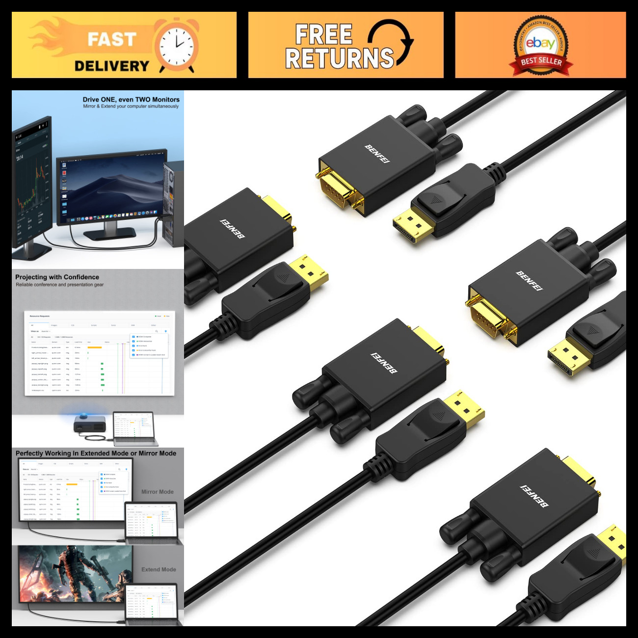 DisplayPort to VGA Cable 6ft - 5 Pack, Uni-Directional, High-Quality Video Adapt